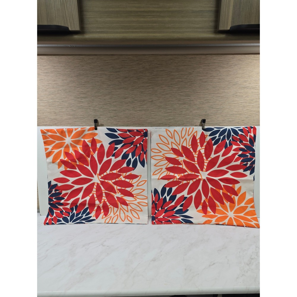 Mid Century Modern Floral Throw Pillow Covers Set of 2 Red Orange Navy White 20"